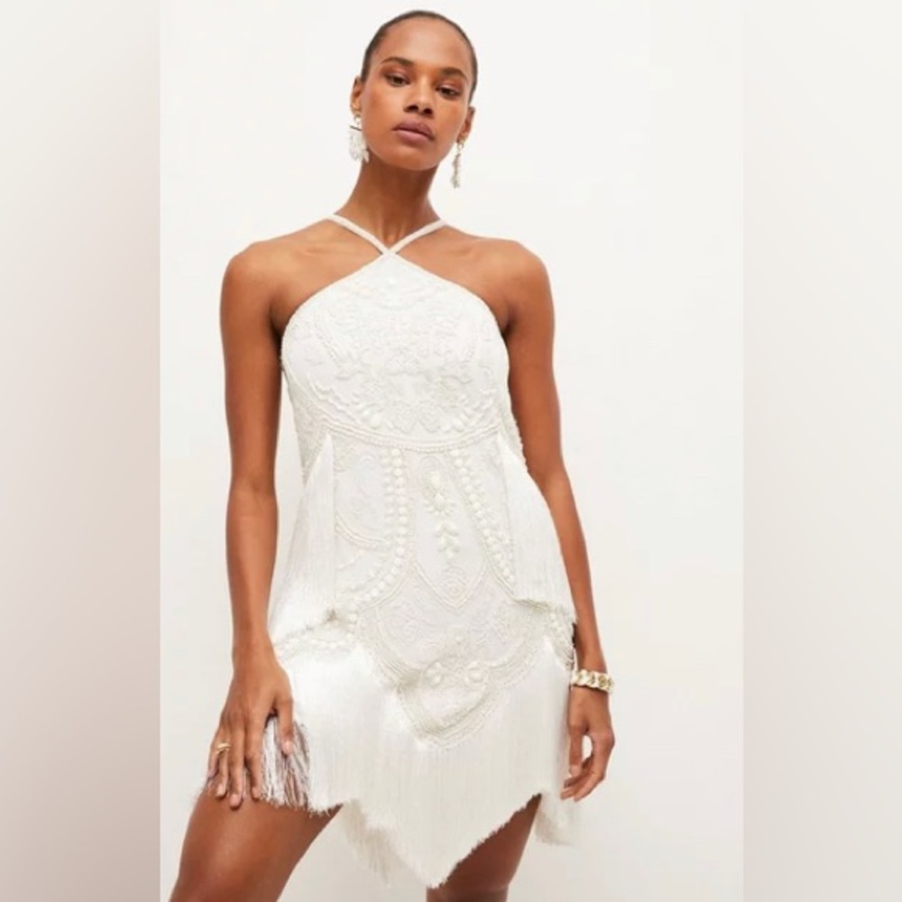 Fringed Beaded Halter Mini Dress